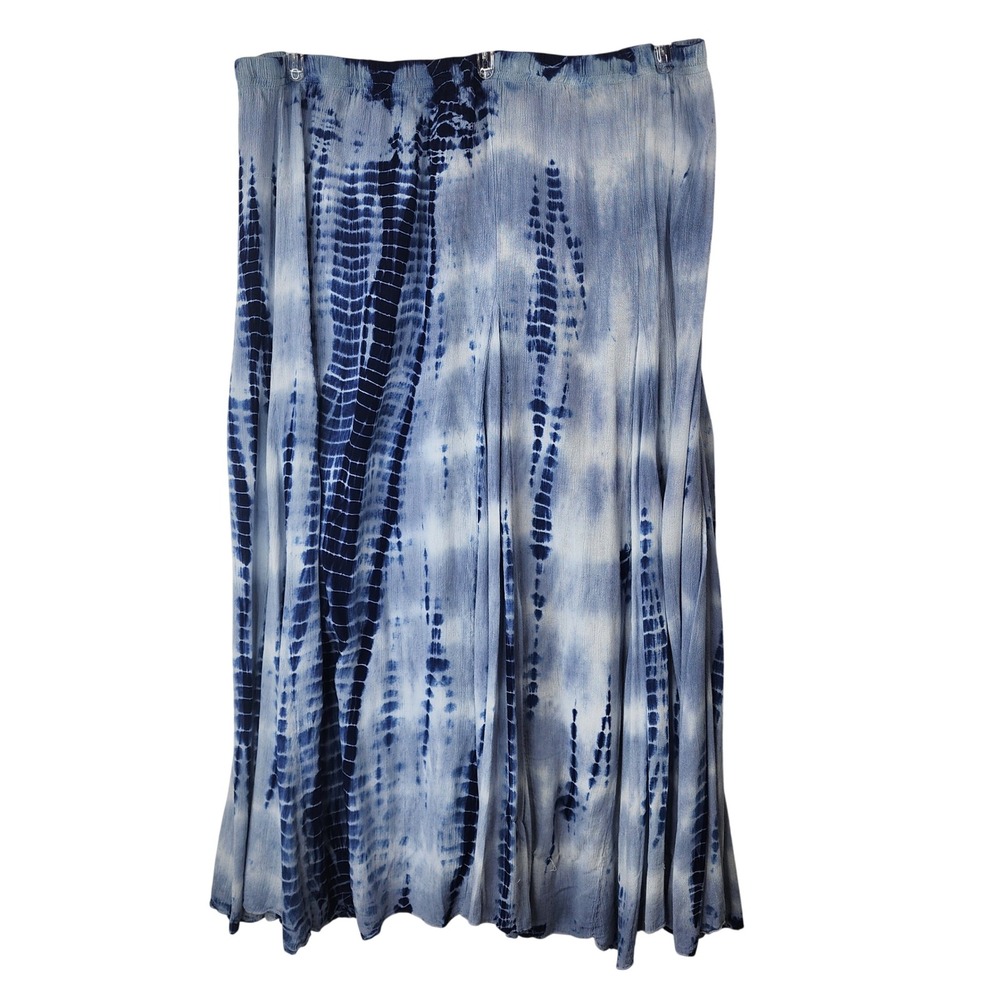 Cal Style Blue Tie Dye Maxi Skirt Large Boho Rayon Elastic Waist Flowy Costal